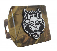 Arkansas State Red Wolf on Camo Metal Hitch Cover