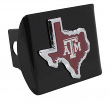 Texas A&M ATM State Shape Maroon on Black Metal Hitch Cover