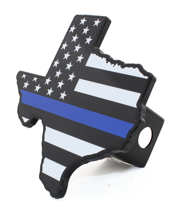 Police Blue Line Flag Texas shape Metal Hitch Cover
